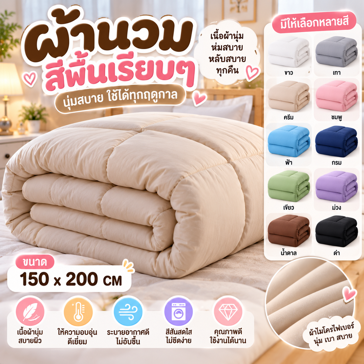 ผ้านวมสีพื้นเรียบๆ  ขนาด 150x200 CM